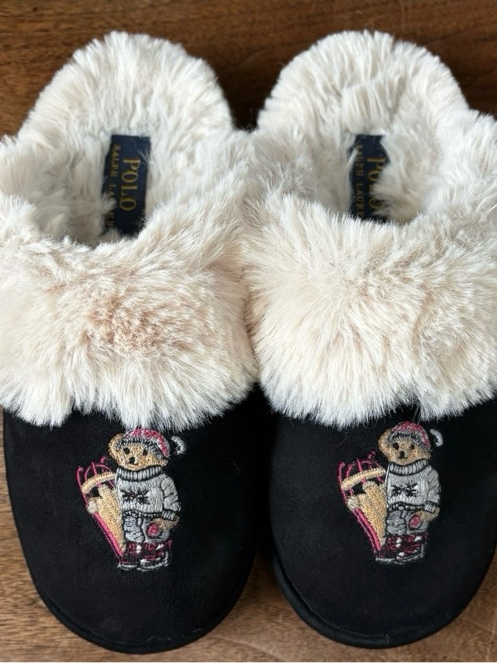 Polo by Ralph Lauren Black Fur-Trim Bear Slippers Women 6